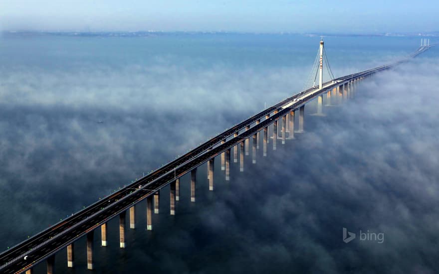 Aerial view of Jiaozhou Bay Bridge in Qingdao, east China's Shandong Province