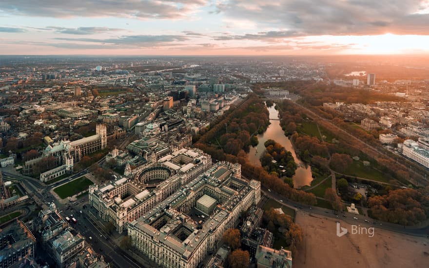 Aerial photograph over Whitehall and St James's Park, London