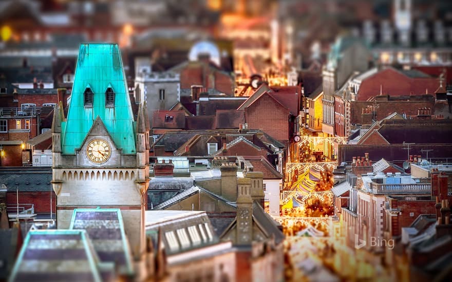 Night-time view of market stalls in Winchester, Hampshire